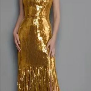Gold Sequins Fringe Maxi Dress Sz 6